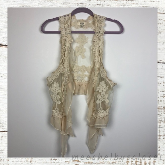 Umgee Sweaters - Umgee Ivory Cream Lace Ruffle Flowy Sheer Vest